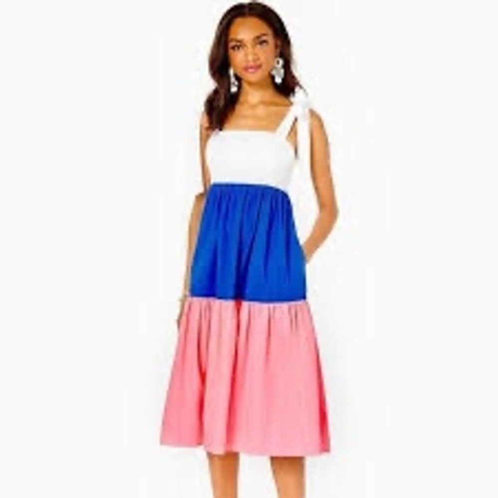 Lilly‎ Pulitzer Colorblock Anlee Tiered Midi Dress White Blue Pink Size 00